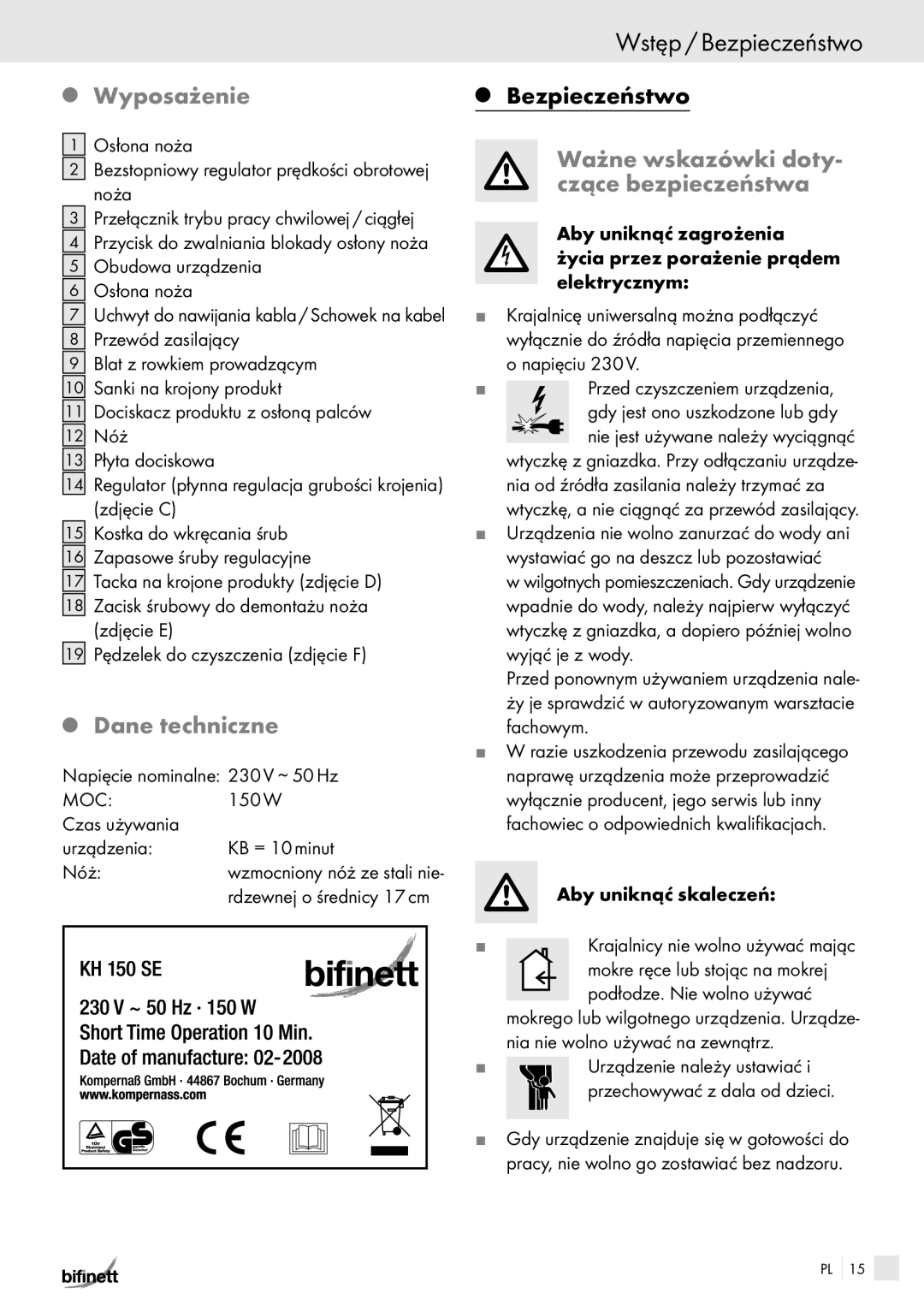 Bifinett KH 150 manual Wstęp / Bezpieczeństwo, Wyposażenie, Dane techniczne, Ważne wskazówki doty- czące bezpieczeństwa 